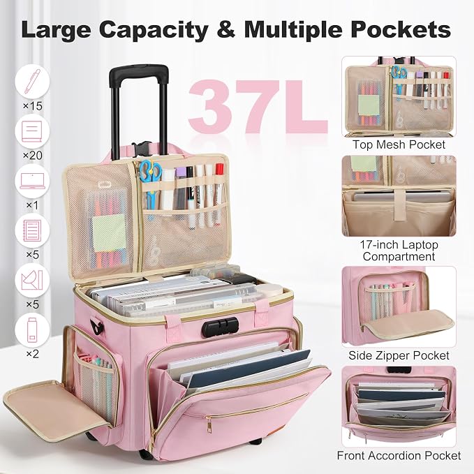 Housolution Rolling Teacher Bag with Wheels, Fits for 17" Laptop, Teacher Tote Bag with Detachable Trolley, Laptop Work Case with Anti Theft Lock, Briefcase Cart with Accordion File Organizer, Pink
