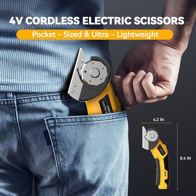 Cordless Electric Scissors,4V Rechargeable Cardboard Cutter Heavy Duty Scissor with Safety Lock & LED Light for Box Carpet Plastic Fabric(Yellow)