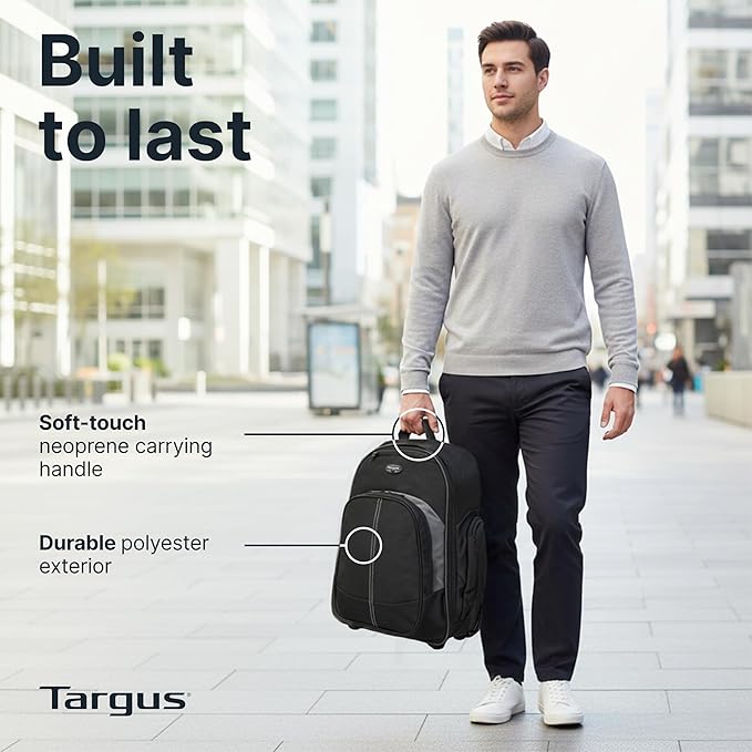Targus 16 Inch Compact Rolling Backpack, Black - Wheeled Travel Bag Fits Laptops Up to 16”