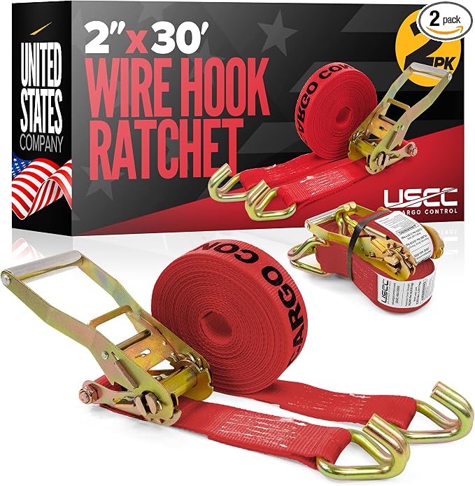 US Cargo Control Wire Hook Ratchet Straps 2 Inch x 30 Foot (2-Pack), 10,000 LBS Break Strength, Ratchet Straps Heavy Duty with Double J Hooks, Red Cargo Tie Downs for Flatbed Trailers and Trucks