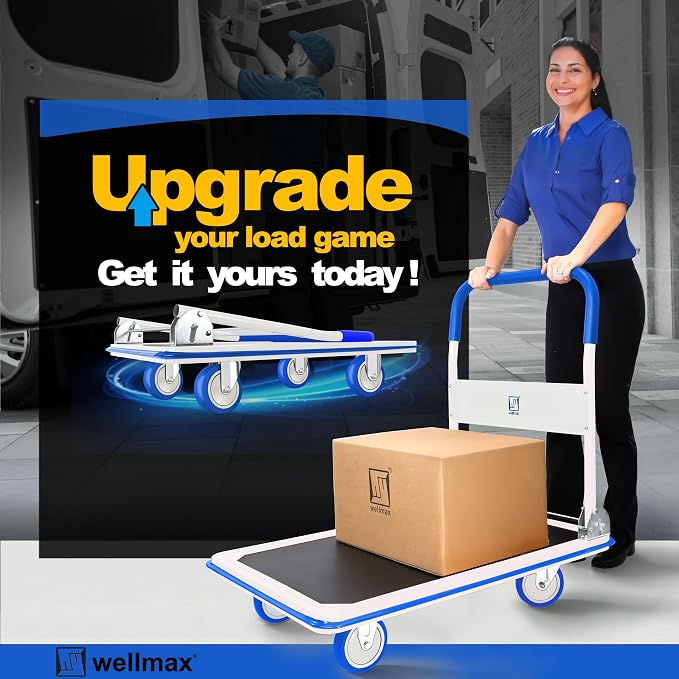 Push Cart Dolly by Wellmax, Moving Platform Hand Truck, Foldable for Easy Storage and 360 Degree Swivel Wheels with 660lb Weight Capacity, Blue Color