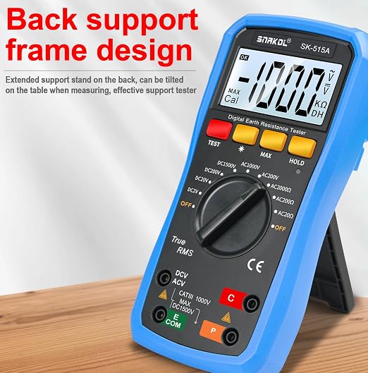 Digital Ground Resistance Tester, True RMS Earth Meter AC/DC Voltage Multimeter Backlight LCD Data Hold Rechargeable Full Test Kit for Electrician Ground Lightning Test