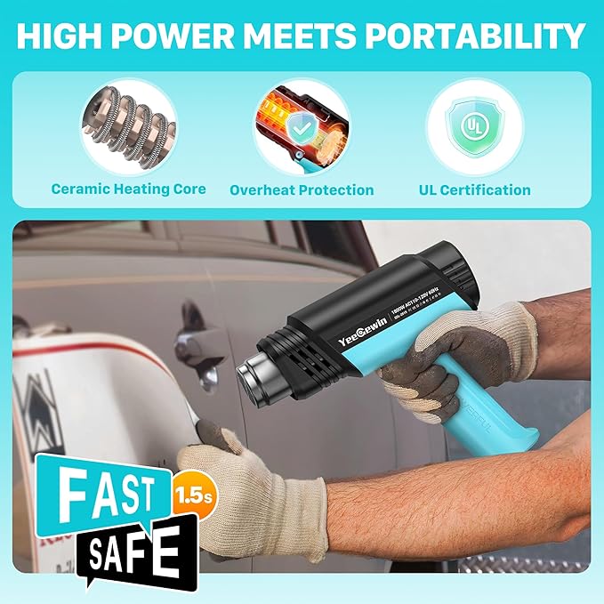 1800W Heat Gun Compact Design Hot Air gun with LCD Display Variable Temperature Control 122℉-1202℉(50℃-650℃) with Memory Function and 4 Nozzles for Crafts, PVC Heating and Paint Removal