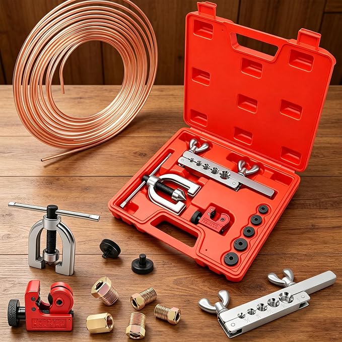 3/16Inch + 1/4 Inch Brake Line Repair Kit, 2 Set 25FT 3/16 1/4 Brake Line with 102Pcs Fittings (Includes 8 Unions) and Double & Single Brake Line Flaring Tool Kit & Brake Line Bender(Gold)