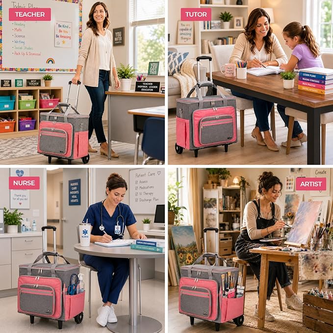 Upgraded Rolling Bag with Detachable Dolly, Heavy Duty Wheeled Teacher Bag, Multifunctional Rolling Briefcase for Work, Office, Craft Storage & Travel (Pink)