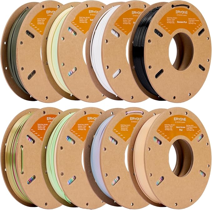 ERYONE PLA Filament 3D Printer Filament Bundle Multicolor 1.75mm +/- 0.03mm, PLA Filament 250g Spool, 8 Rolls, Rainbow PLA Series