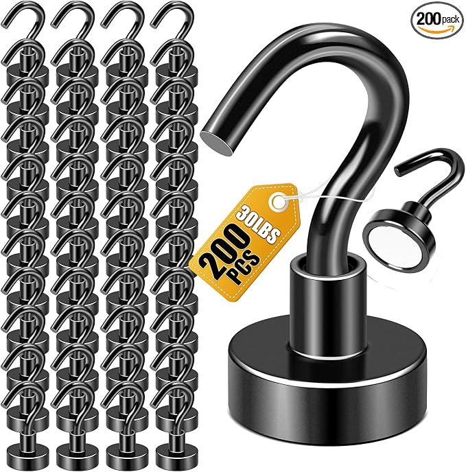 DIYMAG Magnetic Hooks, 30Lbs Strong Heavy Duty Cruise Magnet S-Hooks for Classroom, Fridge, Hanging, Cabins, Grill, Kitchen, Garage, Workplace and Office Etc, (200Pack-Black),Screw in Hook