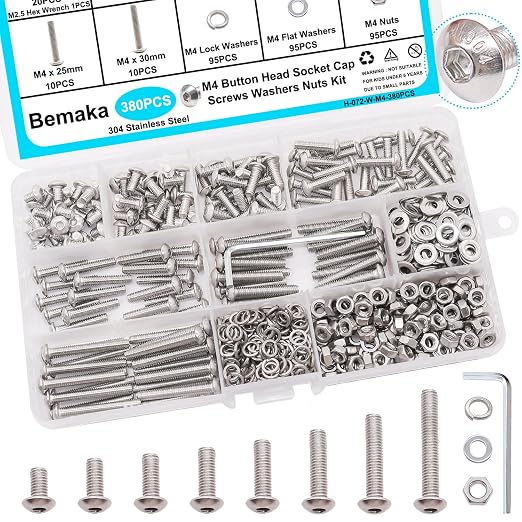 380PCS M4 Screw Kit, M4 x 6/8/12/16/20/25/30mm Button Head Socket Cap Screws Bolts Nuts Washers Assortment Kit, 304 Stainless Steel M4 Bolts with Hex Wrench