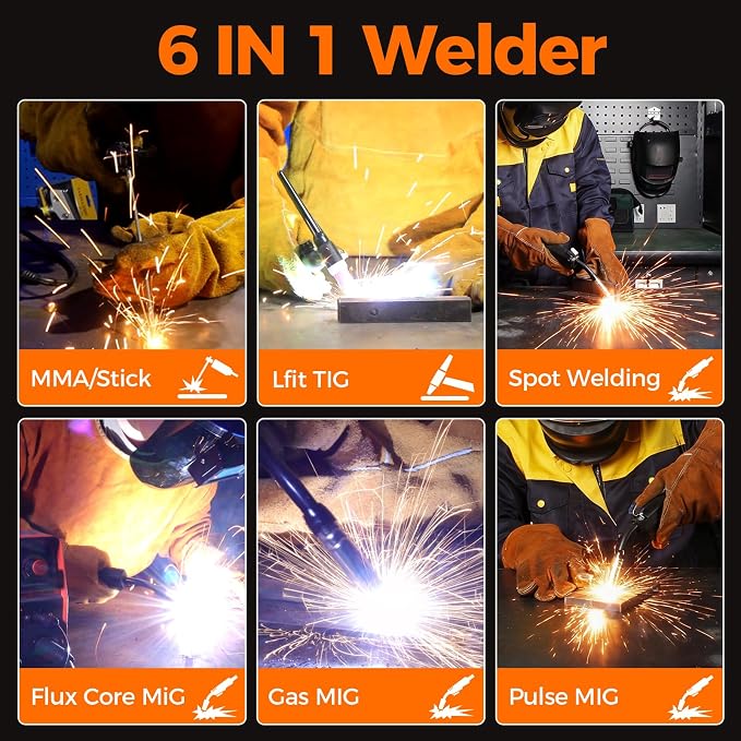 250A Aluminum Pulsed MIG Welder 110V/220V, 6 in 1 Gasless Flux Core MIG/Gas MIG(MAG) /Single Pulse MIG/Lift TIG/Stick/2T 4T Spot Multiprocess Welder with Synergic/Manual Control Welding Machine