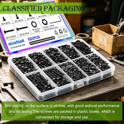 mxuteuk M2 Screws Assortment,M2 x 4/6/8/10/12/16/20mm Hex Socket Head Cap Screws Bolts Nuts Kit, 520PCS 12.9 Grade Alloy Steel Assorted Screws Small Metric Screws Suitable for 3D Printer DIY