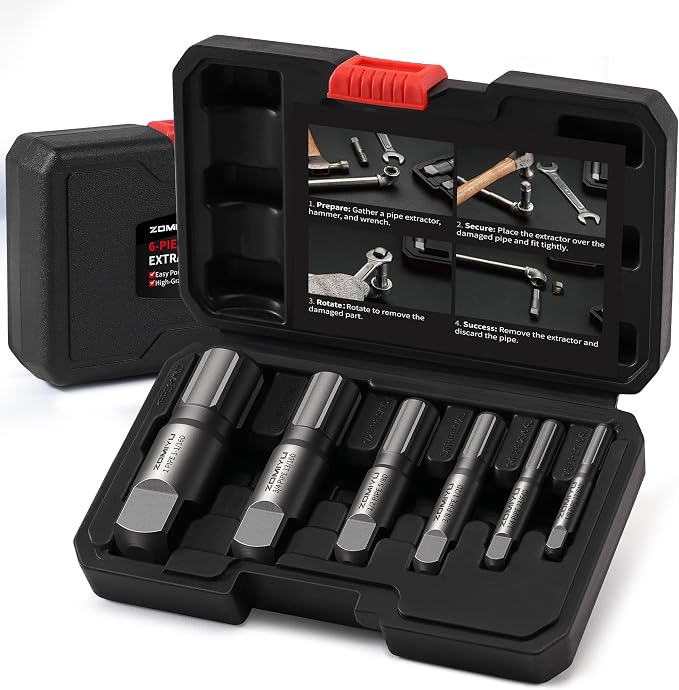 Pipe Extractor Set,Heavy Duty Steel Broken Pipe Extractors for Removing Damaged Threaded Pipes & Fittings from 1/8" to 1",with Durable Storage Case, Ideal Tools for Plumbers Mechanics DIY（6-Piece）
