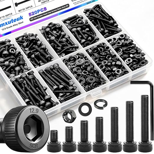 mxuteuk M2 Screws Assortment,M2 x 4/6/8/10/12/16/20mm Hex Socket Head Cap Screws Bolts Nuts Kit, 520PCS 12.9 Grade Alloy Steel Assorted Screws Small Metric Screws Suitable for 3D Printer DIY