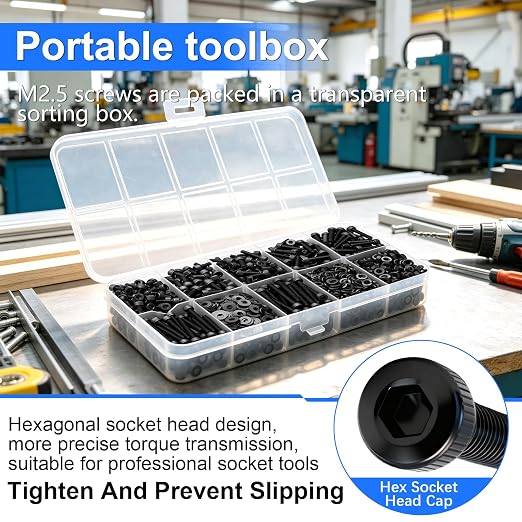 1016PCS M2.5 Screws Kit, M2.5x4/6/8/10/12/16/20/25mm Hex Socket Head Cap Screws Bolts Nuts Washers Kit, 12.9 Grade Alloy Steel Metric Screws for 3D Printer, Electronics, Furniture Repair