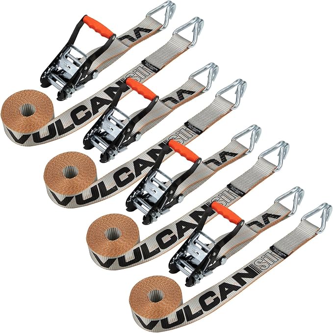 VULCAN Ratchet Strap with Wire Hooks - 2 Inch x 15 Foot - 4 Pack - Silver Series - 3,300 Pound Safe Working Load