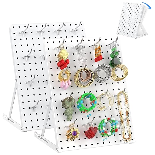 2 Pack Pegboard Display Stand, Sturdy Anti-tip Design,Small Peg Board Tabletop with 24 Hooks, Adjustable Metal Peg Board for Vendor Display, Craft Show, Jewelry Display 16''X12'' – White