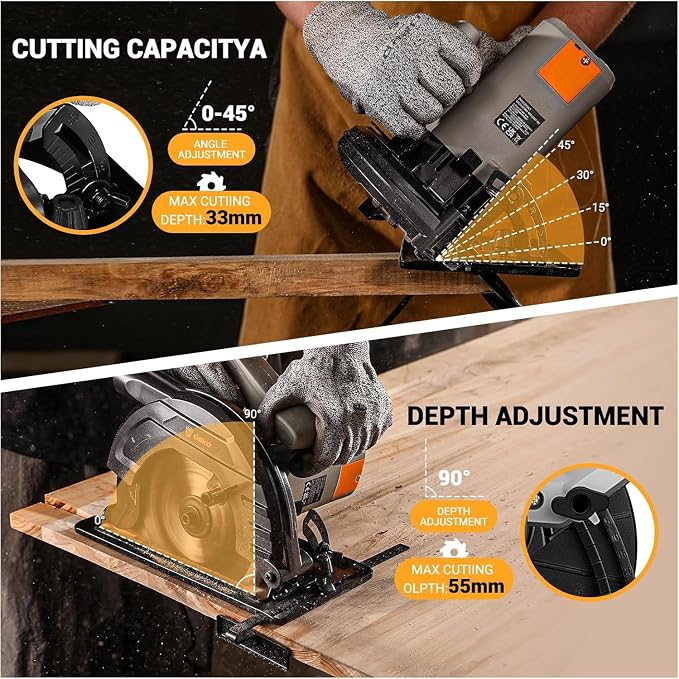 Circular Saw 1200W: DEKOPRO High-Power Saw with 165mm 24T Blade, 4800 RPM, Max Cut Depth 55mm (90°), 33mm (45°), Heavy-Duty Steel Base, Includes Guide Rai, Power Saw for Wood, PVC