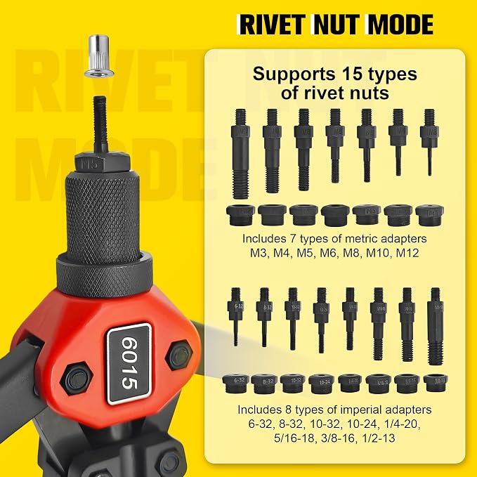 Dual Function Rivet Gun Kit Rivet Nut Tool Including 305 PCS Rivet Nuts 15 Mandrels 100 PCS Blind Rivets 5 Rivet Nozzles, Multi-Purpose