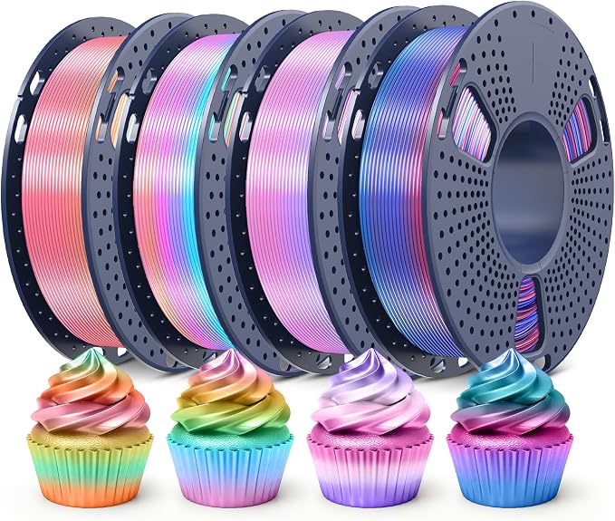 SUNLU Rainbow Silk Filament Bundle, Multicolor Gradient 3D Filament, Shiny Silk 3D Printer Filament 1.75mm ±0.02mm, Individually Vacuum Packed, 0.25kg per Spool, 1kg in Total, 4 Pack. (Rainbow 02-05)
