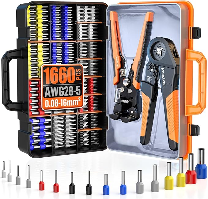 Preciva Ferrule Crimping Tool Kit with Wire Stripper, Quadrilateral Ferrule Crimper for AWG 28-5（0.08-16mm²） Self-Adjustable Ratchet Ferrule Terminals Crimping Tool with 1660Pcs Ferrules Connectors