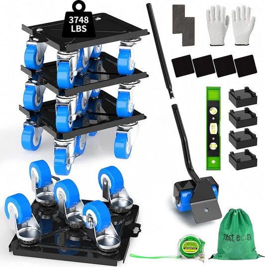 Upgraded Heavy Duty Furniture Dolly 360° Rotating 5 Blue Wheels, Alloy Steel Furniture Movers Up to 3748 lbs/1700 Kg Load Capacity with Measure Tape and Leveler (6.9x6.5 in)