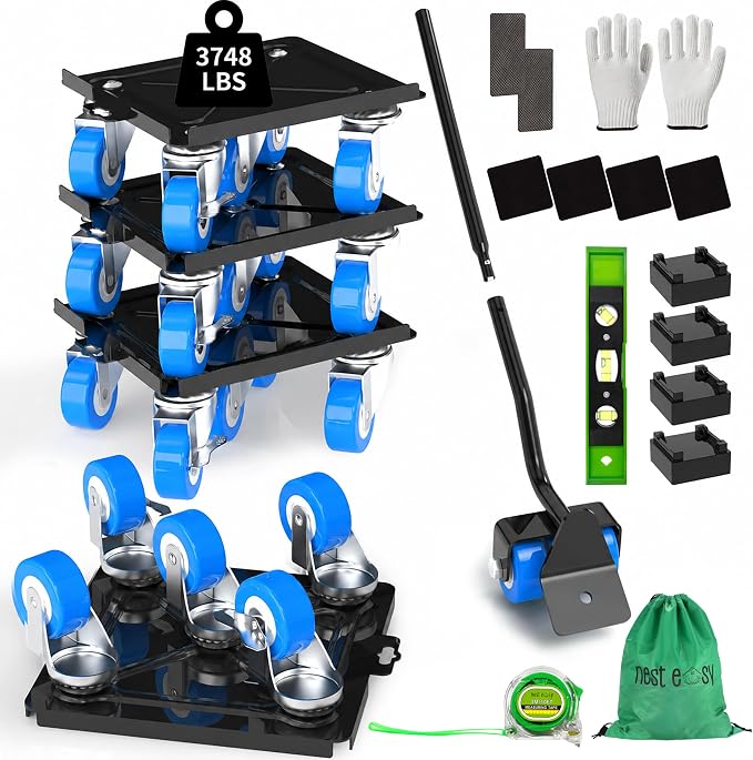 Upgraded Heavy Duty Furniture Dolly 360° Rotating 5 Blue Wheels, Alloy Steel Furniture Movers Up to 3748 lbs/1700 Kg Load Capacity with Measure Tape and Leveler (8.6x7.8 in)