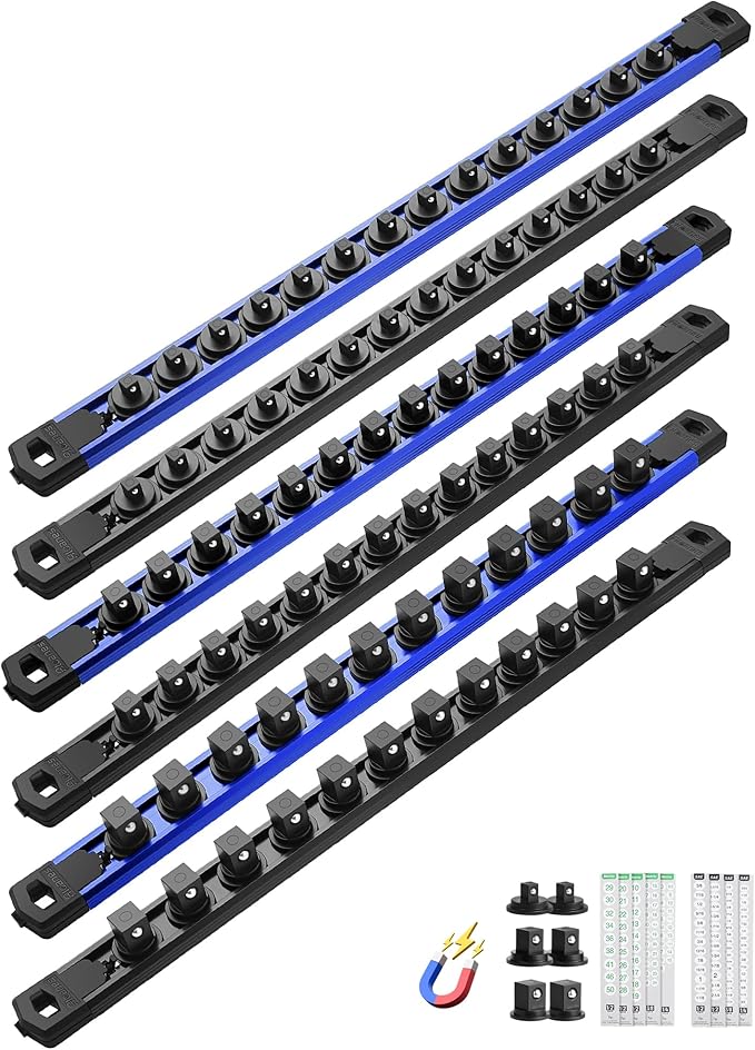 ALOANES Magnetic Socket Organizer Set, 6PC Heavy Duty Aluminum Socket Holder Organizer, 360° Swivel Clips Socket Holder Kit for Toolbox Drawer Fit 1/2, 3/8, 1/4-Inch x 80 Clips (Blue&Black, 6PC)