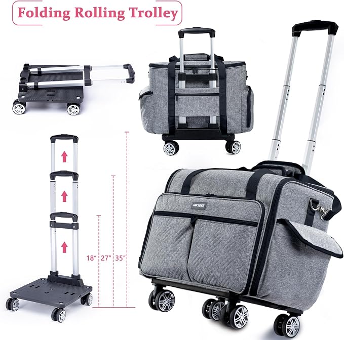 AMOIGEE Full-Open Sewing Machine Case with Wheels, Large Rolling Sewing Machine Bag with Detachable Foldable Dolly, Heavy-Duty Embroidery Tote for Brother Singer Janome Standard Machines Storage