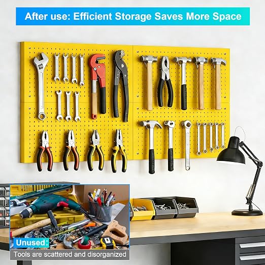 Metal Peg Board Panels 4 Pack, 24" x 12", Black, Yellow | Heavy Duty Rust-Proof Wall Board Panels, Sturdy Steel Storage Pegboard for Garage, Workshop & Craft Room Organizer