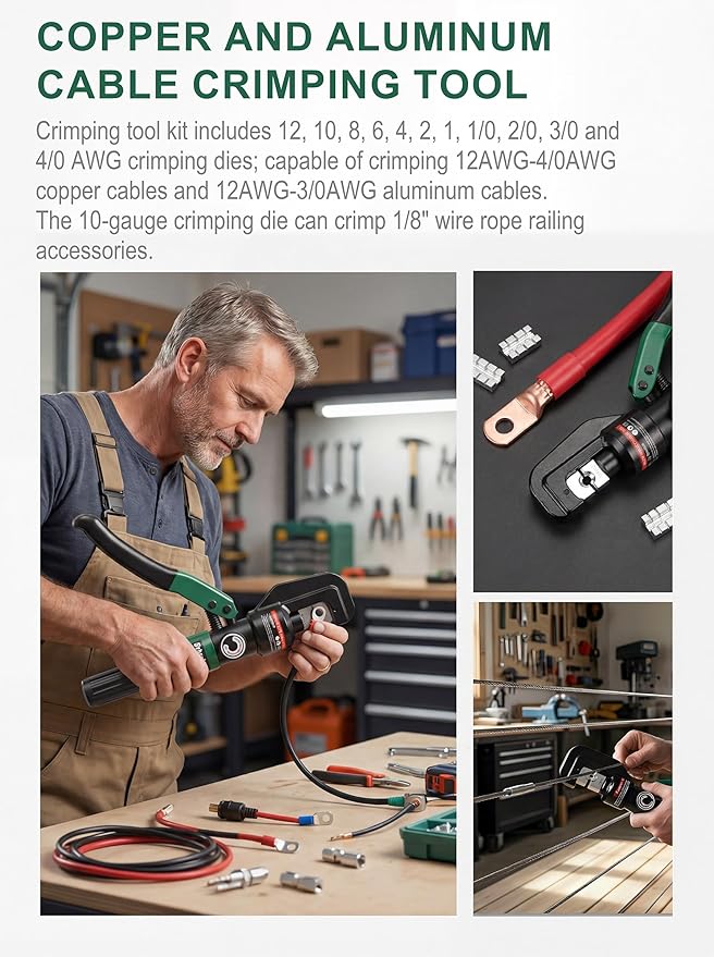 Hydraulic Cable Crimping Tool, Battery Cable Terminal Crimper 12 AWG–4/0 AWG, US Standard AWG Dies, 10-Ton Hydraulic Copper Cable Lugs Crimper for US Standard Cable 12 ga-4/0 ga