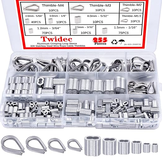 Twidec/Wire Rope Crimping Tool Up to 2.2mm with 160PCS 1/16''Aluminum Crimping Loop Sleeve 255PCS Aluminum Crimping Loop Sleeve and 304 Stainless Steel Wire Rope Cable