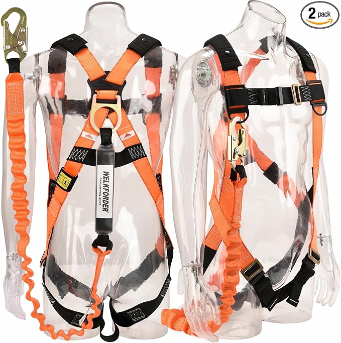 2-PACK 1D-Ring Industrial Fall Protection Safety Harness with 6-Foot Shock Absorber Stretchable Lanyard | Permanent attached Kit | ANSI Compliant Personal Fall Arrest System(PFAS)