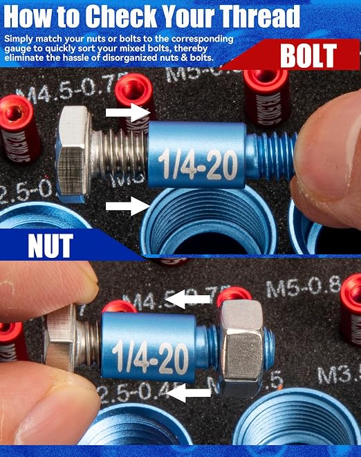 66 Nut and Bolt Thread Checker with Storage Box, Thread Checker Measuring Tool(32 Metric & 34 Standard), Bolt Size and Thread Gauge Finder Suitable for inspecting in Narrow and Tricky Areas
