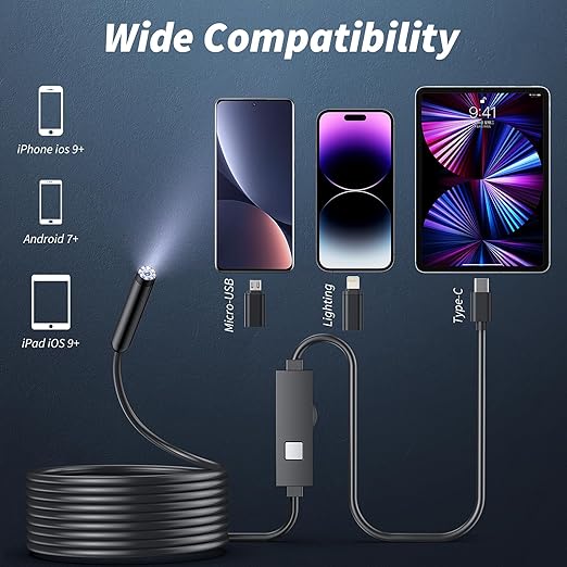 Kinpthy Endoscope Camera with Light,1920P HD Borescope Tools with 8 Adjustable LED Lights, Endoscope with Semi-Rigid Snake Camera, Inspection Borescope for iOS and Android-16.4ft Single Lens
