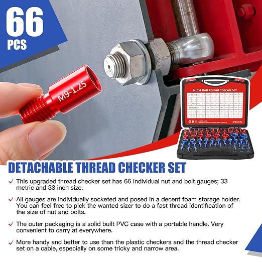 Nut and Bolt Thread Checker - 66 PCS Nut and Bolt Gauges Individually Housed in Case (33 Inch & 33 Metric) Specially Suitable for Size Check on Tricky and Narrow Area