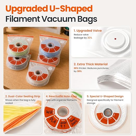 20 PCS U-Shaped 3D Filament Storage Bags Kit, 3D Printer Accessories for PLA, PETG, ABS, TPU, with Auto Pump, 20 Desiccants, 2 Sealing Clips, Extra-Thick Moisture & Dust Resistant