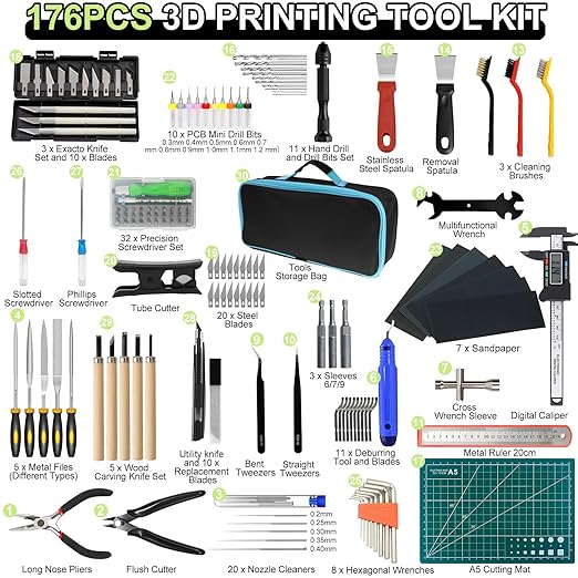 176 PCS 3D Printing Tool Kit, 3D Printing Accessories with Nozzle Cleaning Kit, Deburring Tool, Digital Caliper, Smoothing Tools, 3D Printer Tools for Model Measuring Removing Finishing 3D Print