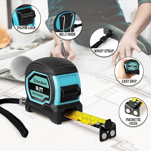 DURATECH Magnetic Tape Measure 16FT with Fractions 1/8, Retractable Measuring Tape, Easy to Read Both Side Measurement Tape, Magnetic Hook and Shock Absorbent Case for Construction, Carpenter