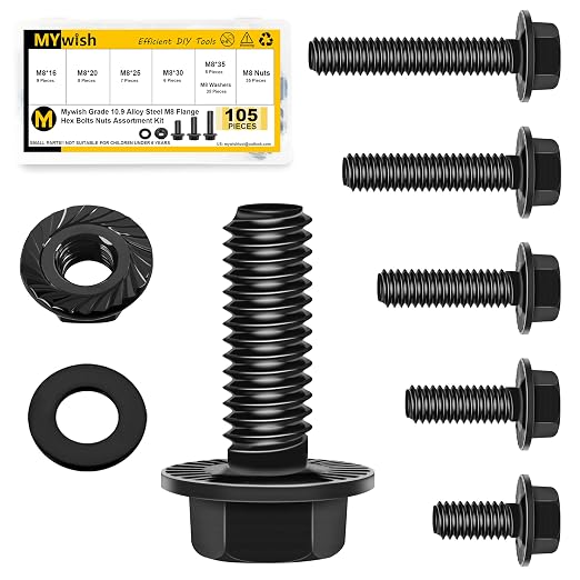 Mywish 105Pcs M8x1.25 Bolt x 16/20/25/30/35mm Flanged Hex Head Bolts, M8 Flange Hexagon Screws Serrated Flange Nuts and Bolts Assortment Kit, 10.9 Grade Carbon Steel