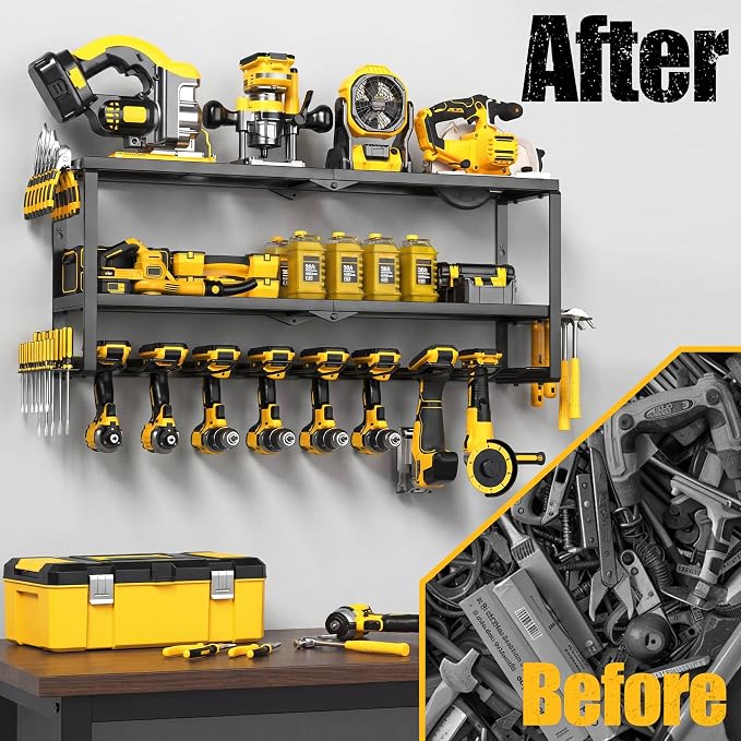 Heavy Duty Power Tool Organizer Wall Mount, Metal Tool Storage Rack Loads 320lbs, 8 Cordless Drill Holder 3 Layer for Garage, Workshop, Tool Room, Gift for Men