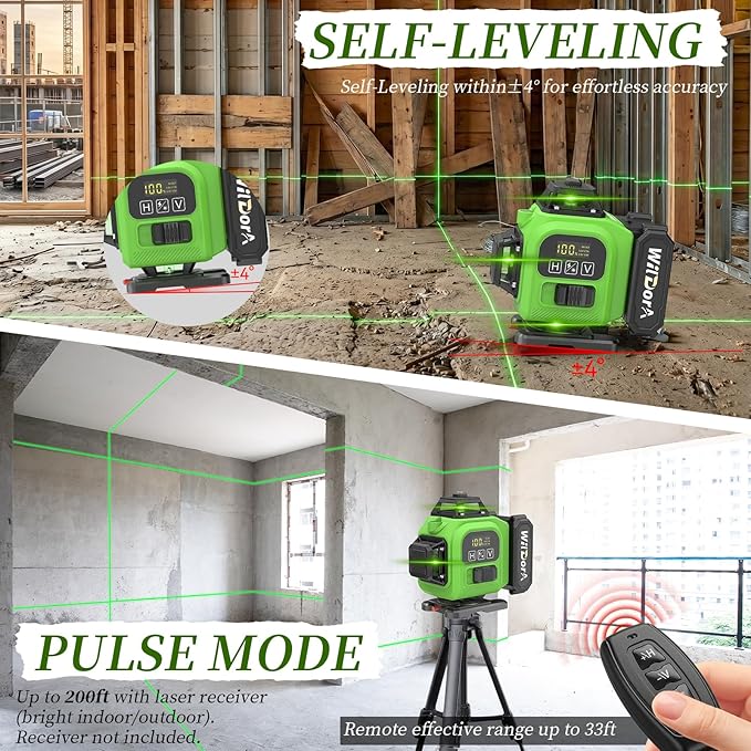 Laser Level 360 Self Leveling with Tripod, Remote Control 4D Green 16 Line Laser Leveler Tool with 2x4800mAh Li-ion Batteries & Hard Carry Case, Laser Level for Construction & Renovation