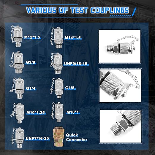 Hydraulic Pressure Test Kit with 4 Gauges 10 Couplings 3 Hoses, Hydraulic Tester Gauge Set 10Mpa/25Mpa/40Mpa/60Mpa for Excavator Construction Machinery