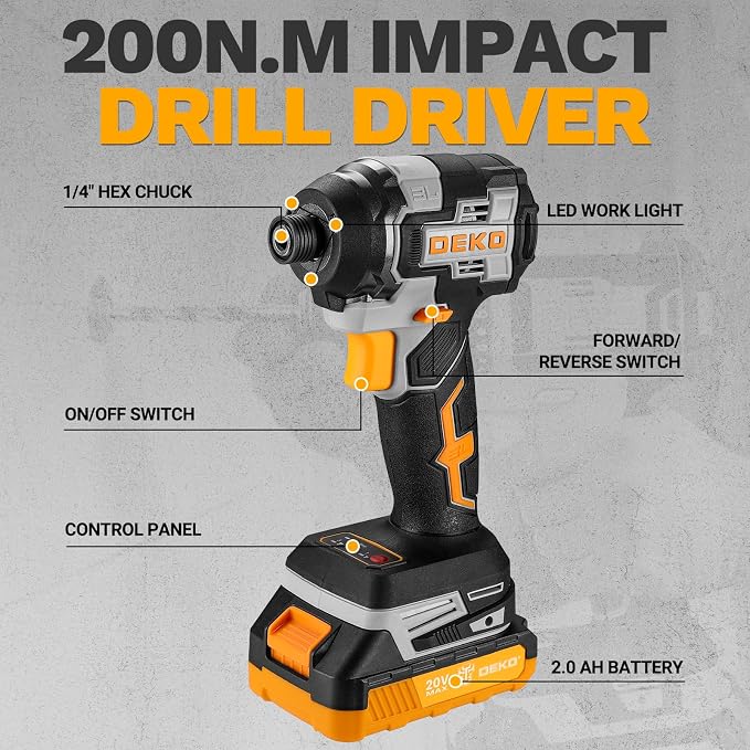 Cordless Drill & Impact Driver: DEKOPRO 20V Brushless Power Drill and 20V Brushless Impact Driver Set, Power Tool Set with 2x2.0Ah Batteries, Charger, Bag & 52xAccessories-Yellow