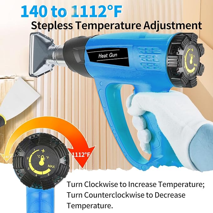 Heat Gun 1800W 140℉~1112℉ (60℃-600℃) Fast Heating Heavy Duty Hot Air Gun Kit with Variable & Dual Temperature Settings, Overheat Protection, 5 Nozzles for Crafts, Shrinking PVC, Stripping Paint