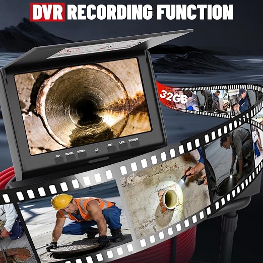 Sewer Camera Self-Leveling,100FT/30M Pipe Drain Inspection Camera with 7" 1080P HD Screen, Snake Plumbing Cameras with 9 LED Lights, IP68, 32GB Card, DVR Recording, for Duct Sewer Line Pipe Inspection