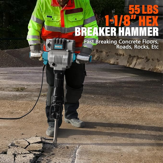 Berserker 2100W 55-Pound Demolition Jack Hammer 125KD with 1-1/8" Hex,17Amp | Full-Size Heavy duty Corded Electric Concrete/Pavement Breaker with Wheeled Carrying Case, Flat Chisel, Bull Point Chisel