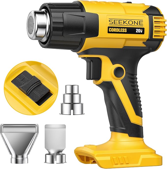 SEEKONE Cordless Heat Gun with 2 Temp Settings 1022℉ and 572℉, Compatible with Dewalt 20V Battery, Fast Heating Hot Air Gun with 3 Nozzles for Shrink Tubing, 3D Printing, Crafting (No Battery)