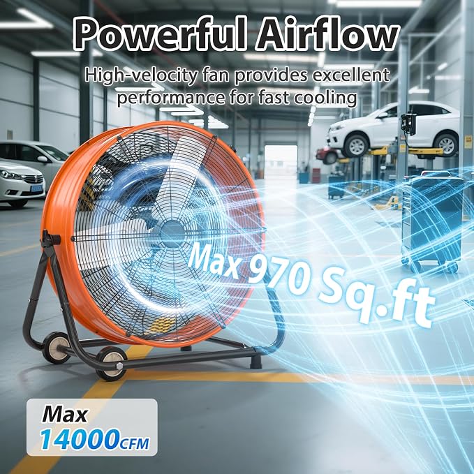 LifePlus 30'' Large Industrial Fan,14000 CFM High Velocity 3-Speed Heavy Duty Metal Air Circulator with 360° Tilt, Casters Handle, Ideal for Warehouse, Factory Workshops, Patios, Garage, Orange