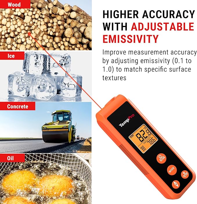 TempPro TP410 Infrared Thermometer Gun Non-Contact Laser Thermometer Gun for Cooking, Temperature Gun with Range -58℉~1022℉ for Pizza Oven Accessories, Griddle, HVAC, Engine, Gift for Dad Him Husband
