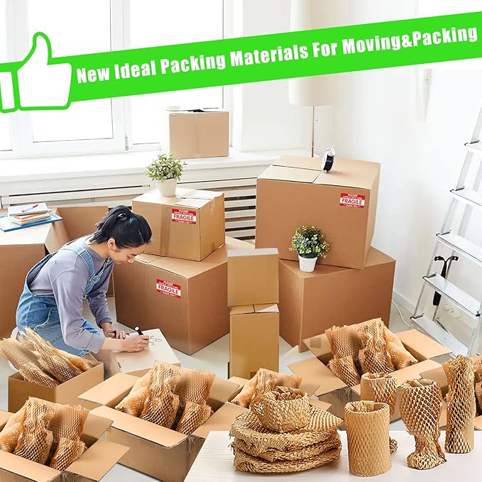 Honeycomb Packing Paper, MINHAO 15"x100ft Eco Friendly Packing Paper for Moving Recyclable Honeycomb Paper Moving Supplies Bubble Paper Wrapping Protective Roll, With 36 Fragile Sticker Labels