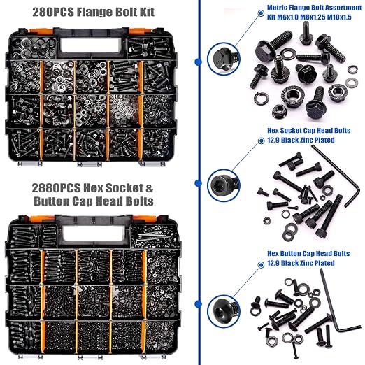 Taiss 3160PCS Metric Flange Bolt Assortment Kit,Nuts and Bolts Assortment Kit M2 M3 M4 M5 M6x1.0 M8x1.25 M10x1.5 Bolt(4-45mm)42 Sizes Hex Socket Button & Cap Head Metric Screw 10.9 Black Zinc Plated